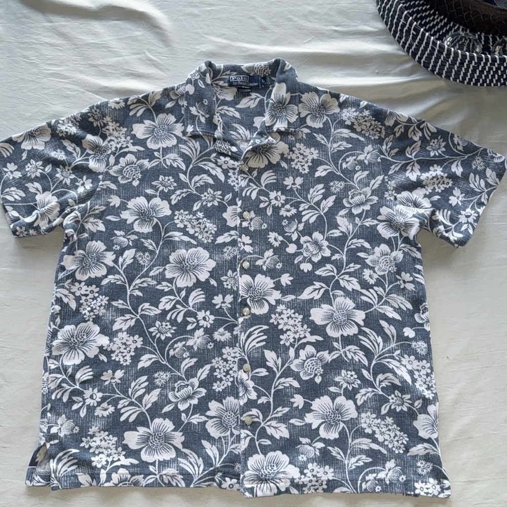 VTG Polo Ralph Lauren Hawaiian Faded Blue Camp Shirt Cotton Looper Terry Floral